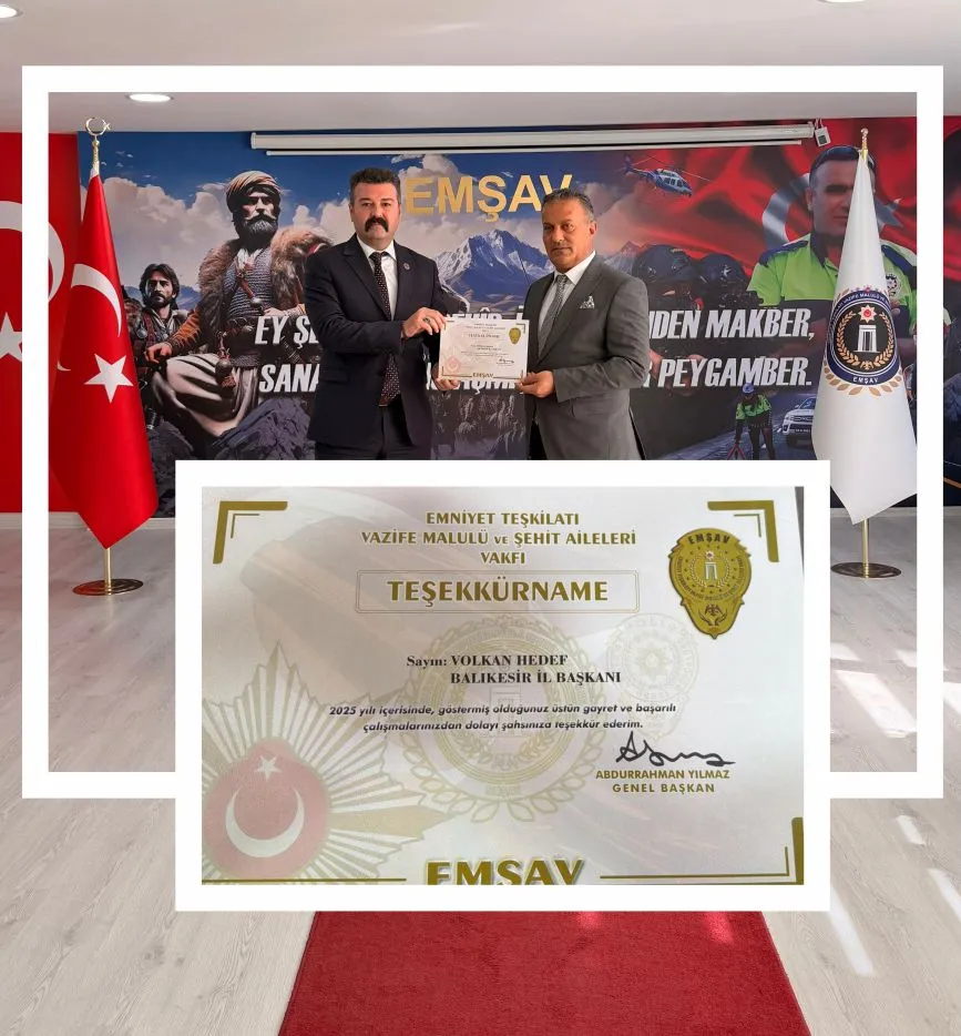 EMŞAV Balıkesir İl Başkanı Volkan Hedef’e Teşekkür Belgesi